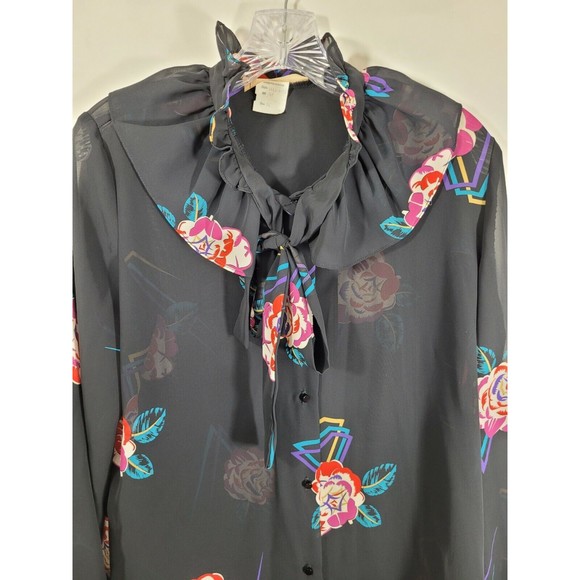 KAKI ROBERTS size 16 sheer Ruffle black flower VINTAGE 80's blouse shirt top - Picture 3 of 7
